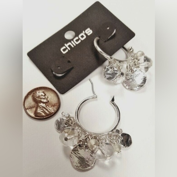 CHICO'S SILVER HOOP DANGLING CHARMS HIPPIE BOHO EARRINGS ON RETAIL CARD - Picture 1 of 2